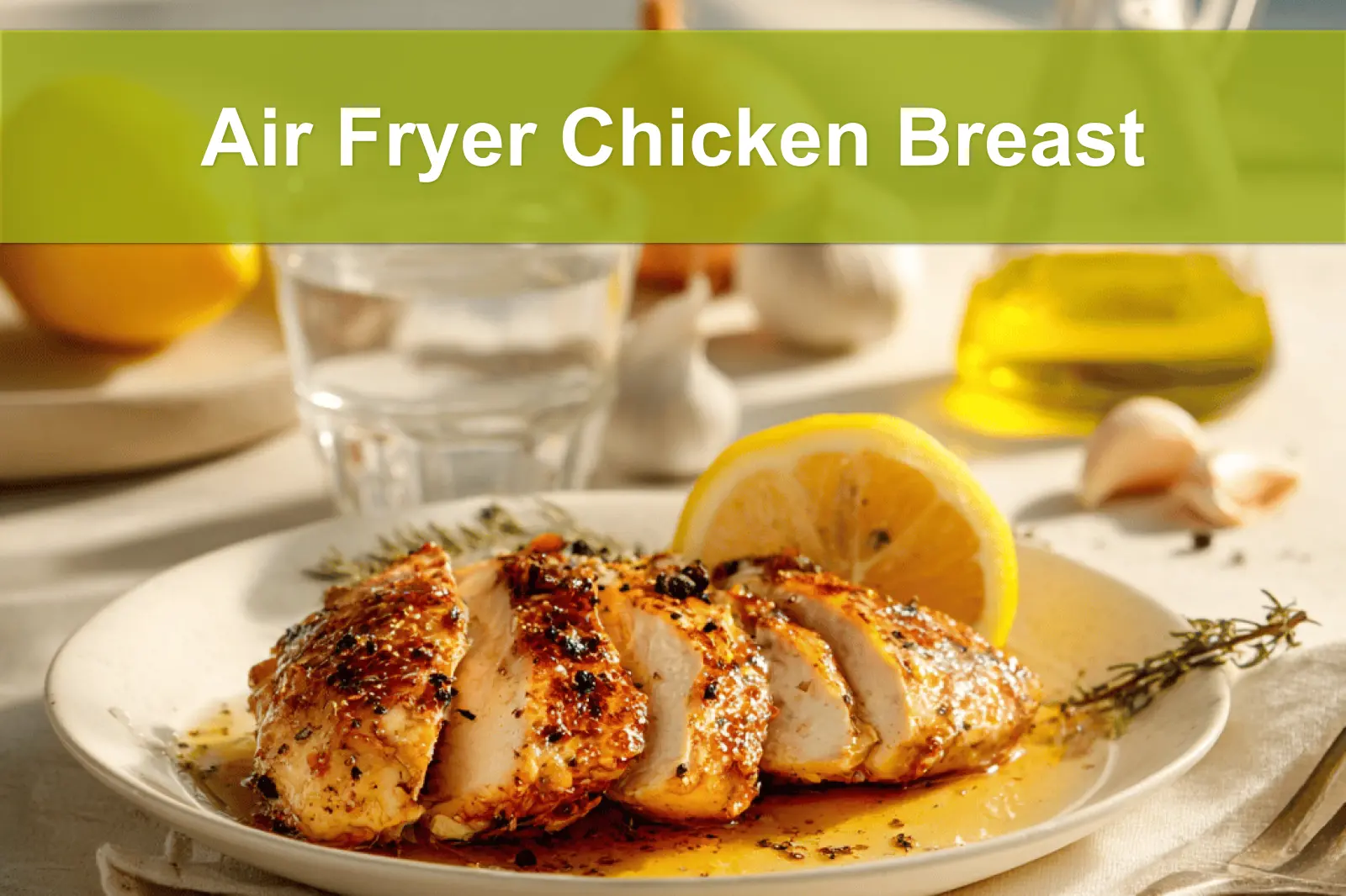 Air Fryer Chicken Breast on plate with golden chicken pieces lemon balsamic glaze