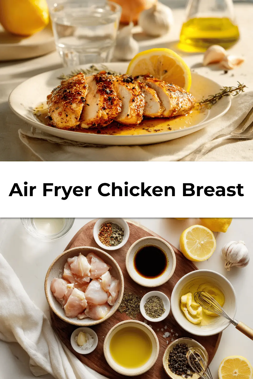 Air Fryer Chicken Breast final dish beautifully plated with herbs and lemon slices