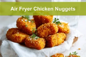 Air Fryer Chicken Nuggets on white napkin with pickles and glass of water