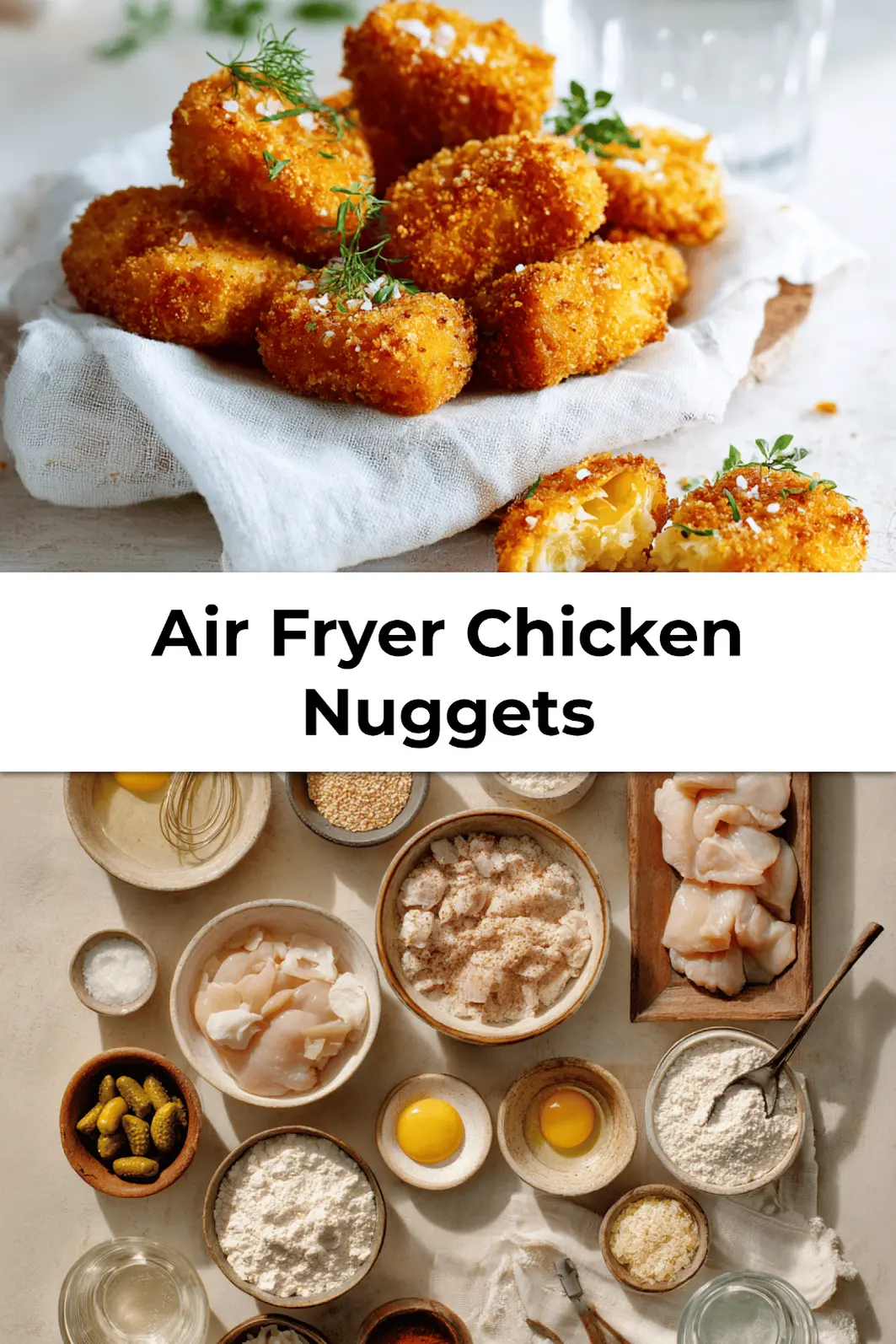 Close-up of Air Fryer Chicken Nuggets plated with dipping sauce, pickles, and glass of water