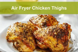 Air Fryer Chicken Thighs golden crisp skin served on white cloth with glass of water