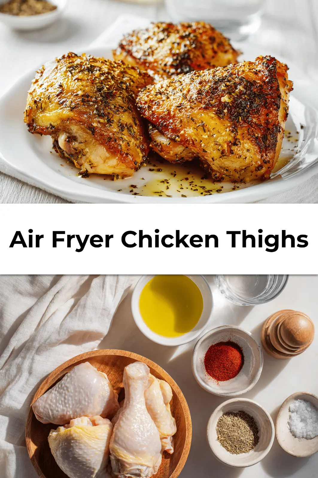 Plated air fryer chicken thighs on white plate next to lemon wedges, herbs, and wooden fork