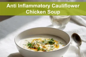 Anti Inflammatory Cauliflower Chicken Soup warm bowl garnished with fresh herbs and creamy coconut drizzle