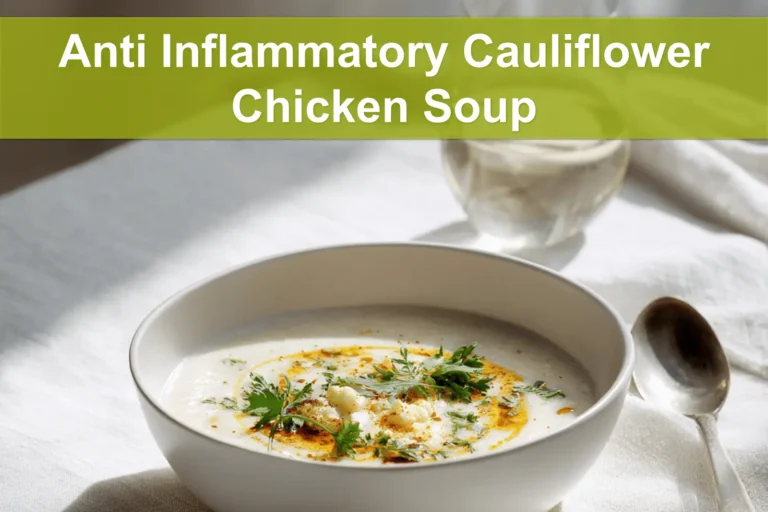 Anti Inflammatory Cauliflower Chicken Soup warm bowl garnished with fresh herbs and creamy coconut drizzle