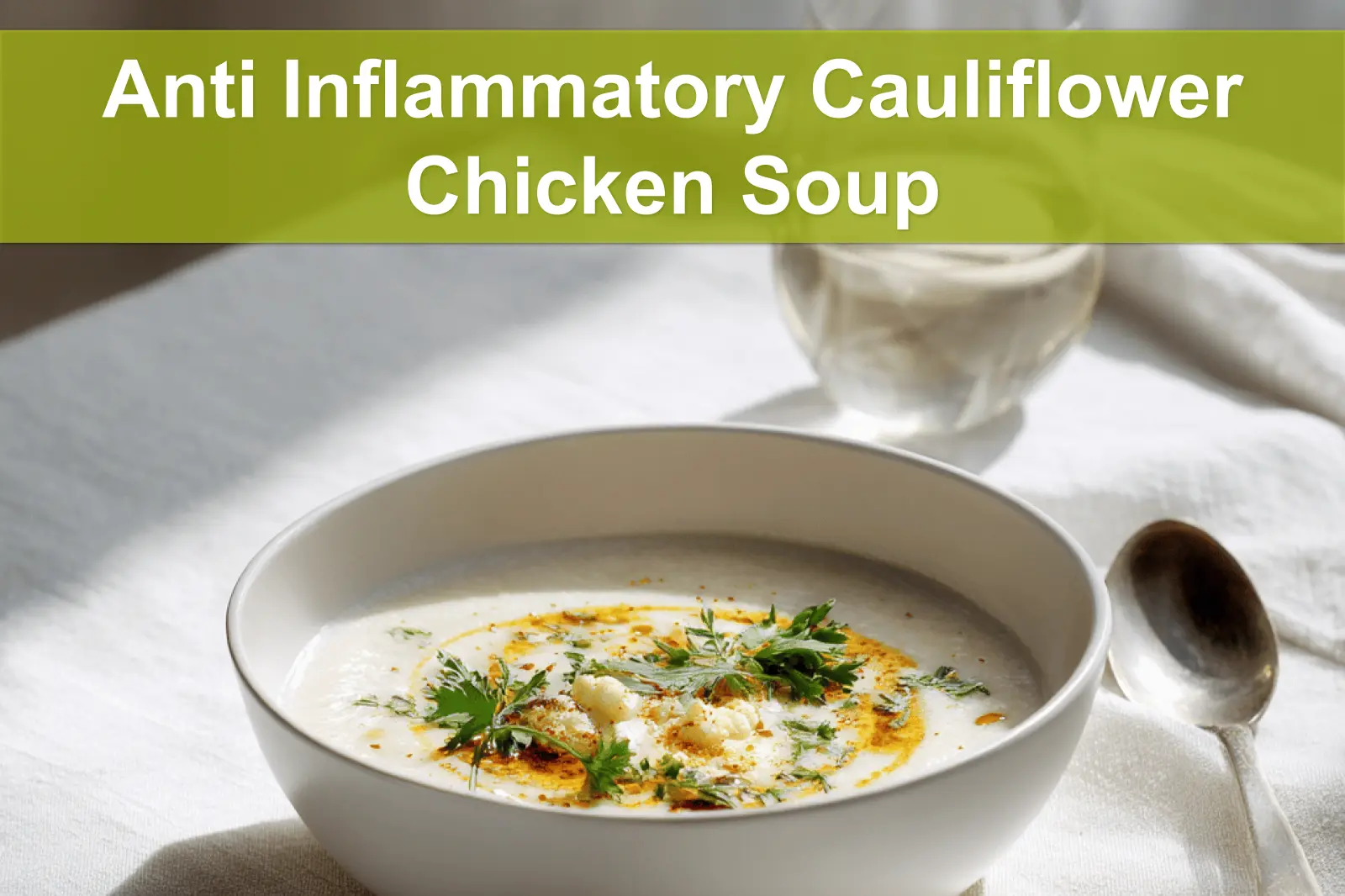 Anti Inflammatory Cauliflower Chicken Soup warm bowl garnished with fresh herbs and creamy coconut drizzle