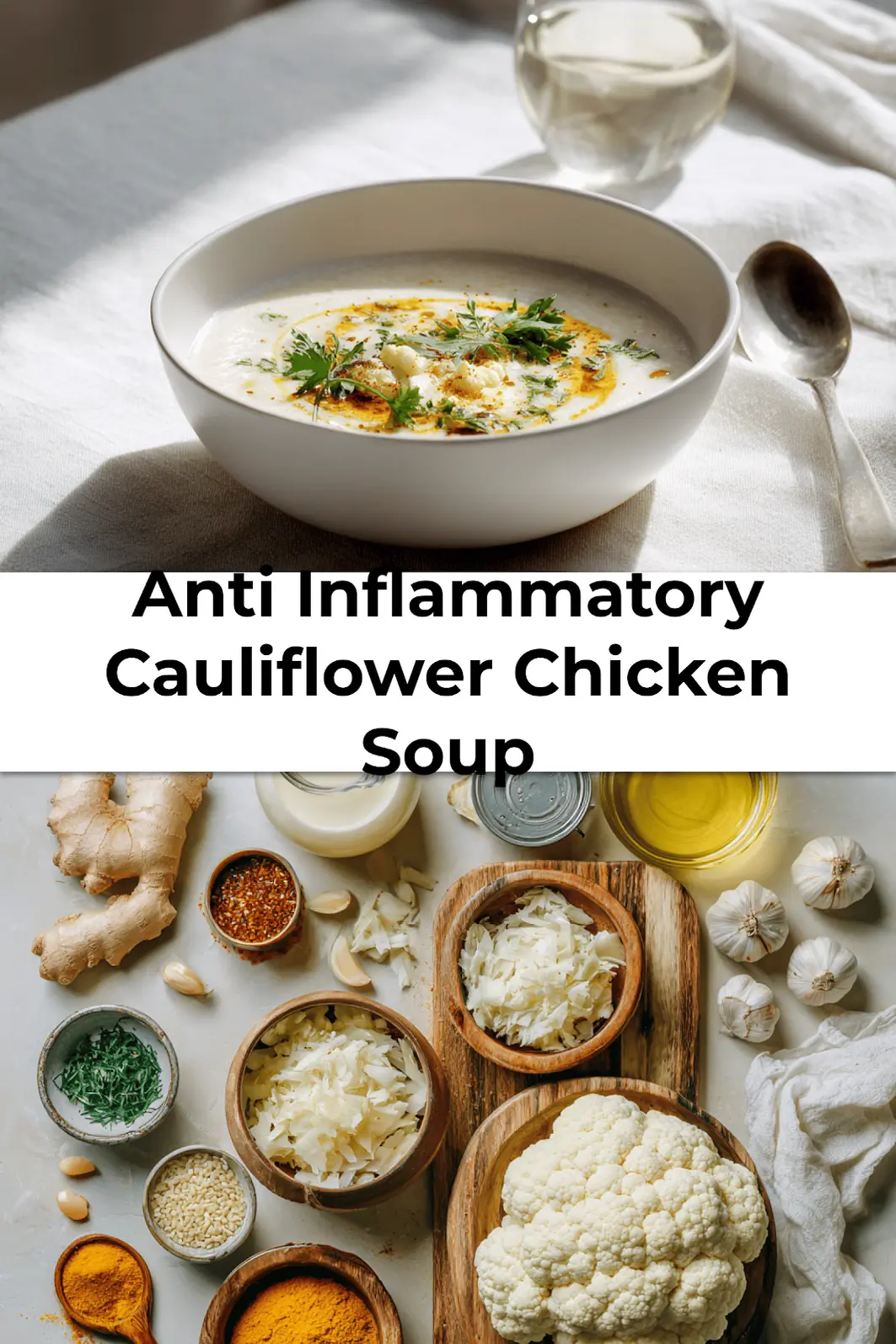 Pin image of Anti Inflammatory Cauliflower Chicken Soup served in ceramic bowl with garnish of herbs and swirl of coconut cream.
