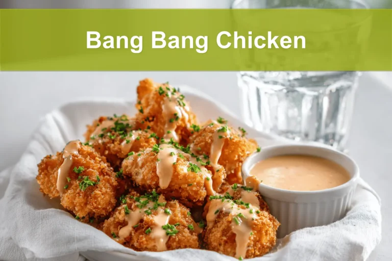 Bang Bang Chicken golden crispy pieces drizzled with sauce and fresh herbs on white cloth