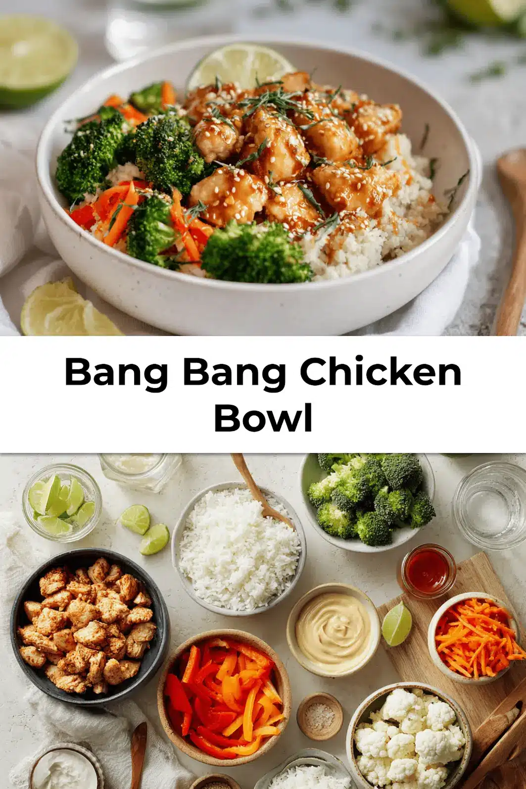 Finished Bang Bang Chicken Bowl with creamy sauce, fresh vegetables and rice, ready to serve