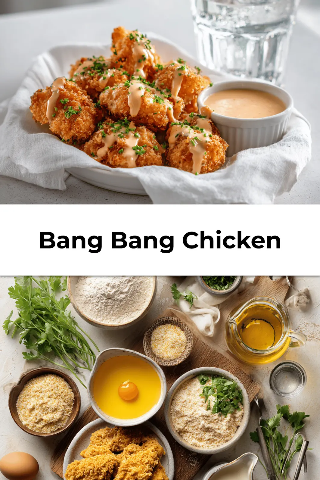 Plated Bang Bang Chicken ready to serve with sauce drizzle and herb garnish on a white napkin