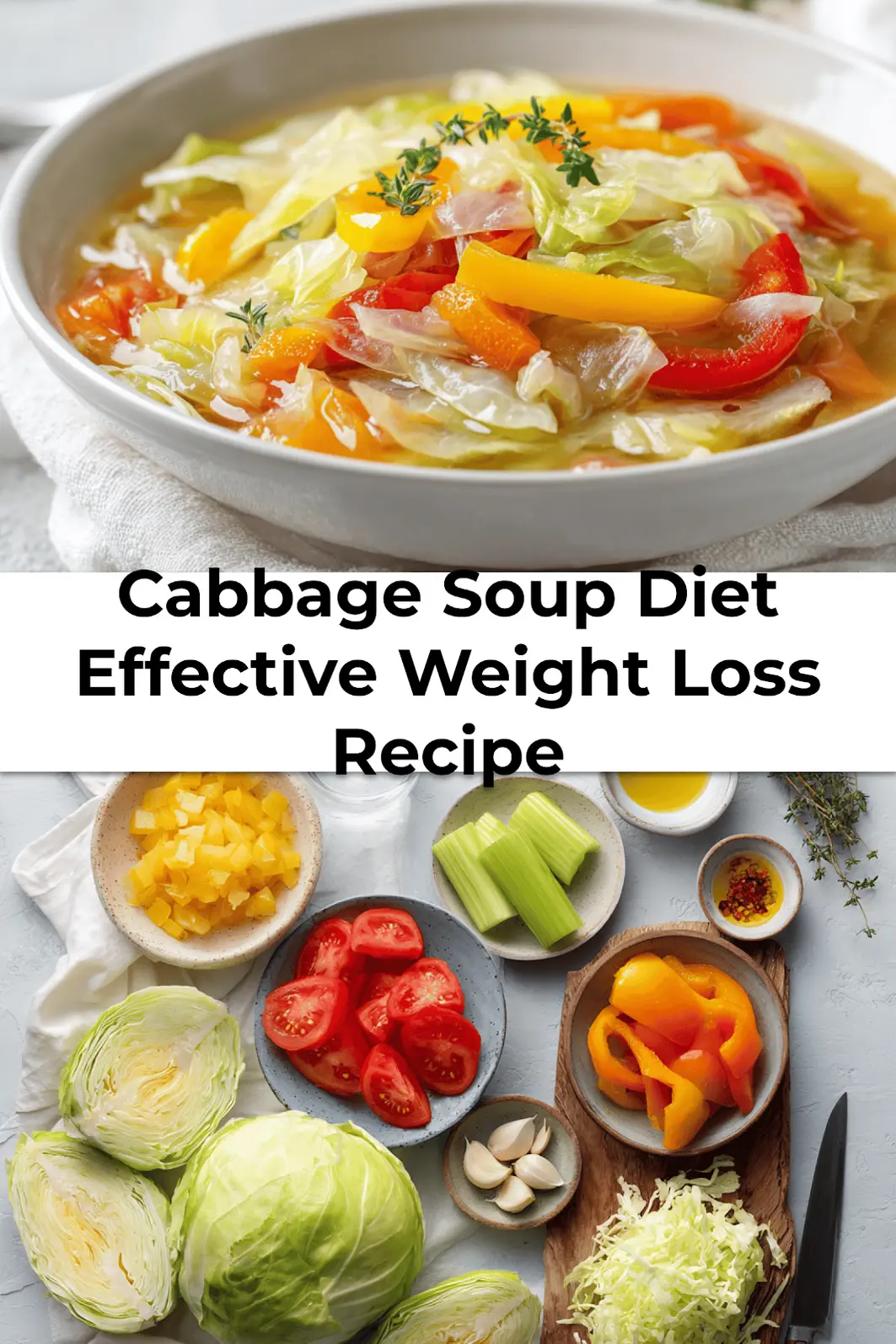 Pinterest share image of Cabbage Soup Diet recipe with bowl of cabbage soup, parsley garnish, and tomato wedges