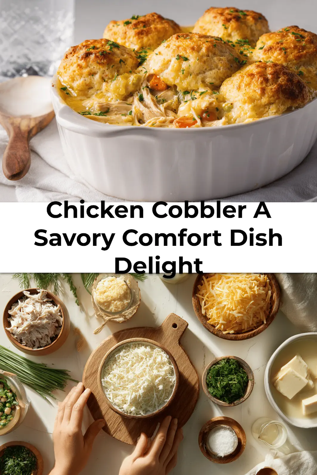 Baked Chicken Cobbler with Cheddar Bay biscuit topping and herbs in a casserole dish - comfort food