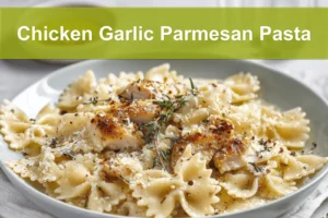 Chicken Garlic Parmesan Pasta plated with farfalle and grated cheese on white napkin beside clear water glass