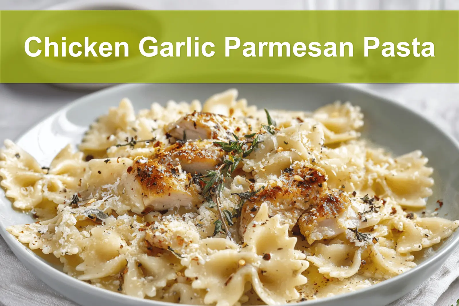 Chicken Garlic Parmesan Pasta plated with farfalle and grated cheese on white napkin beside clear water glass
