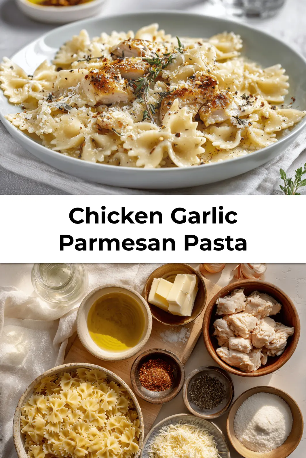 Serving of creamy Chicken Garlic Parmesan Pasta with farfalle in a white bowl garnished with herbs and parmesan