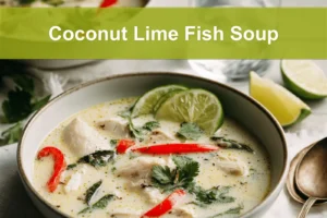 Coconut Lime Fish Soup on a white napkin with limes and herbs, warm and appetizing tones