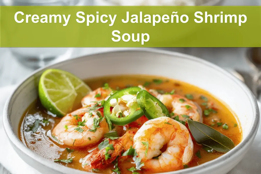 Creamy Spicy Jalapeño Shrimp Soup in a warm bowl garnished with lime and fresh green herbs
