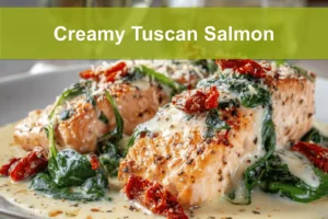 Creamy Tuscan Salmon plated with sun dried tomatoes spinach and creamy white sauce