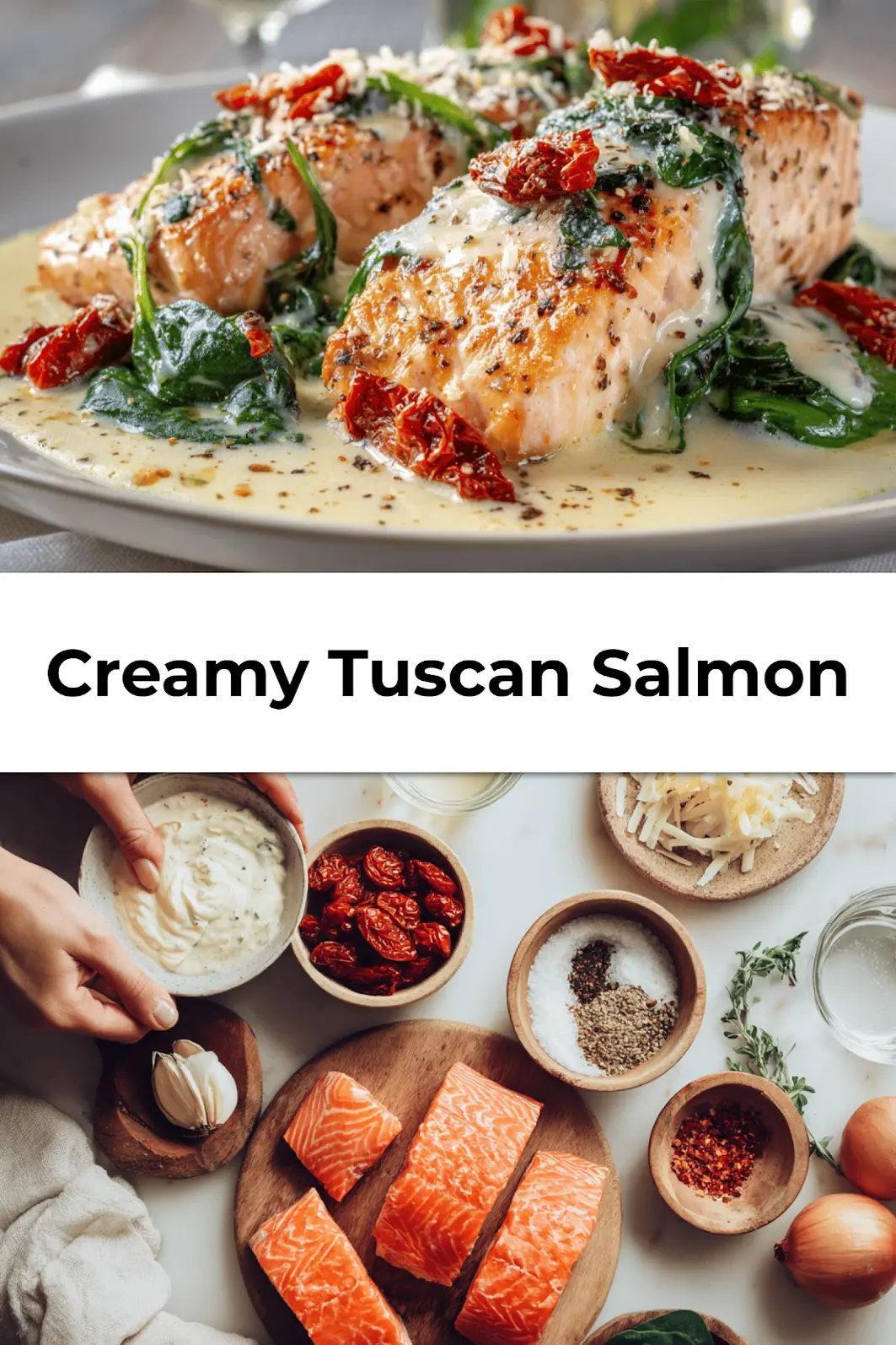 Closeup of creamy Tuscan salmon in skillet with spinach and sun dried tomatoes ready to serve