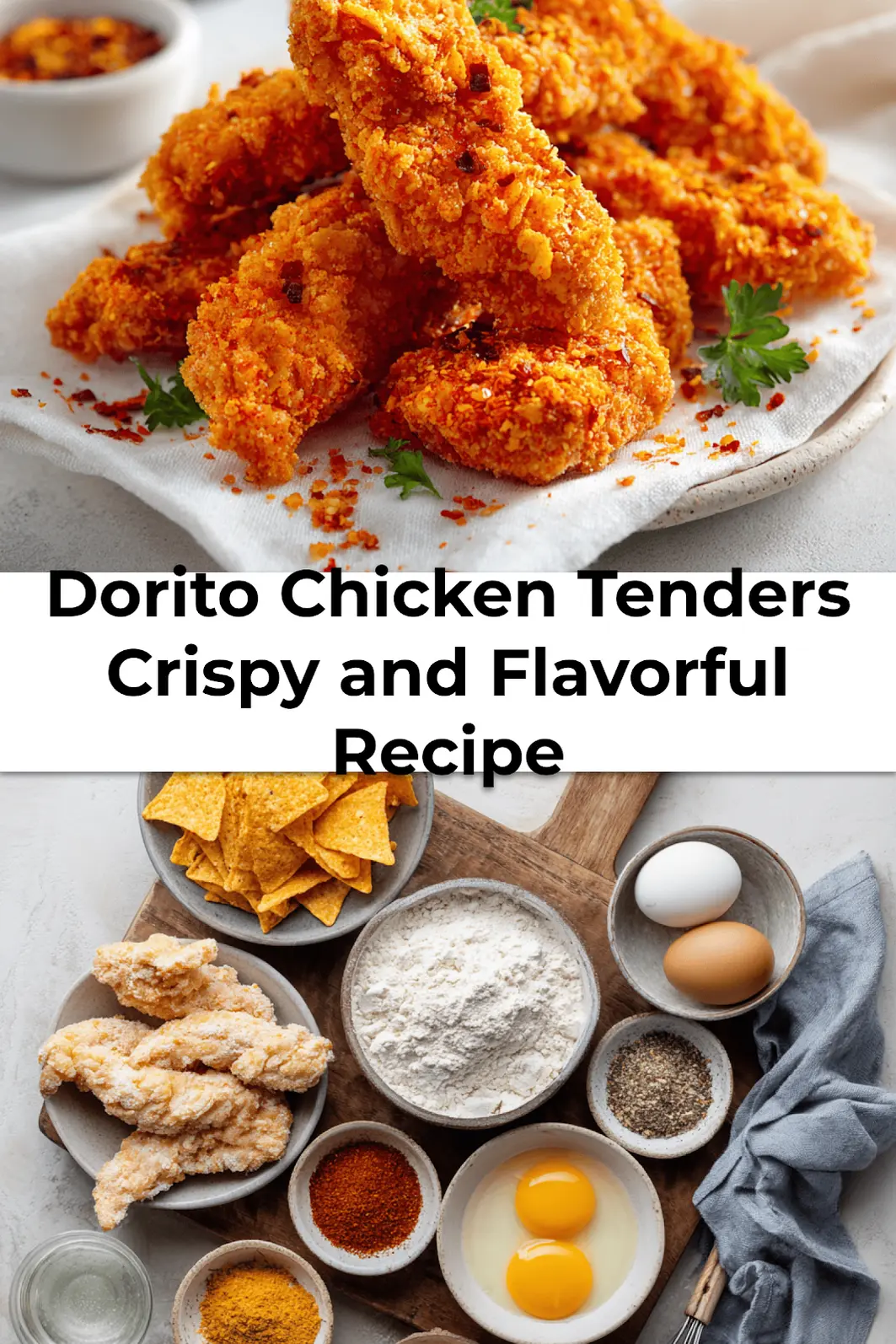 Golden Dorito chicken tenders on napkin - pin this crispy baked recipe
