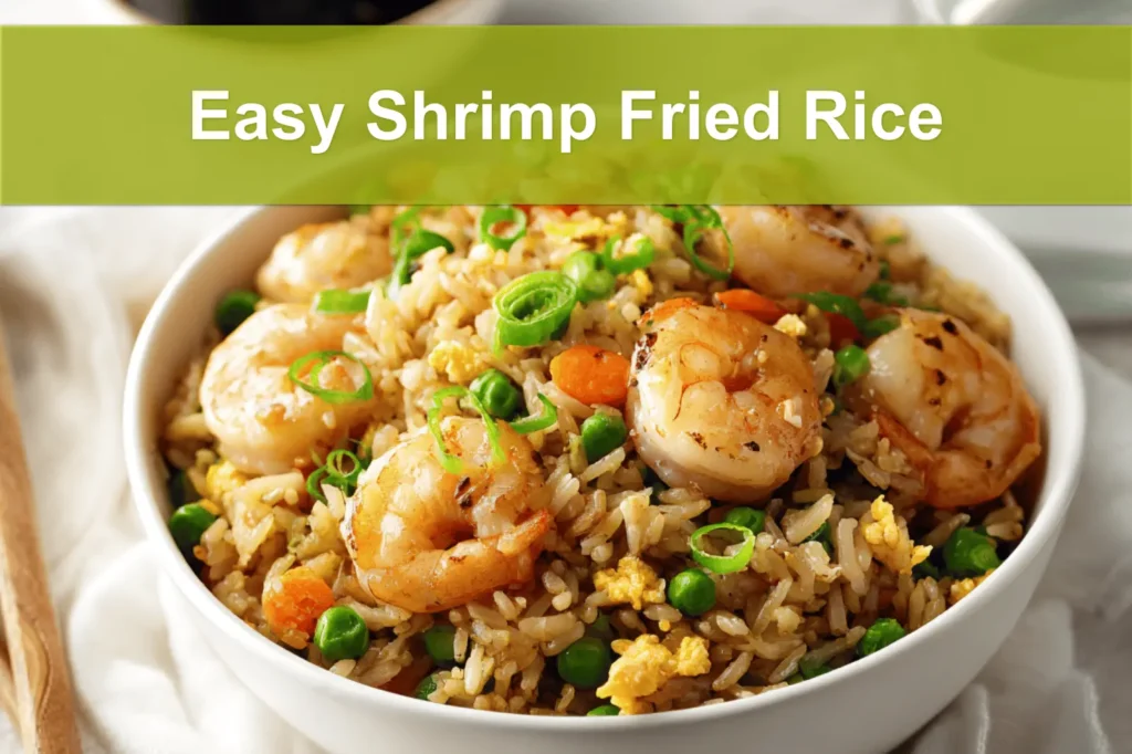 Easy Shrimp Fried Rice plated on white napkin with glass of water warm natural light