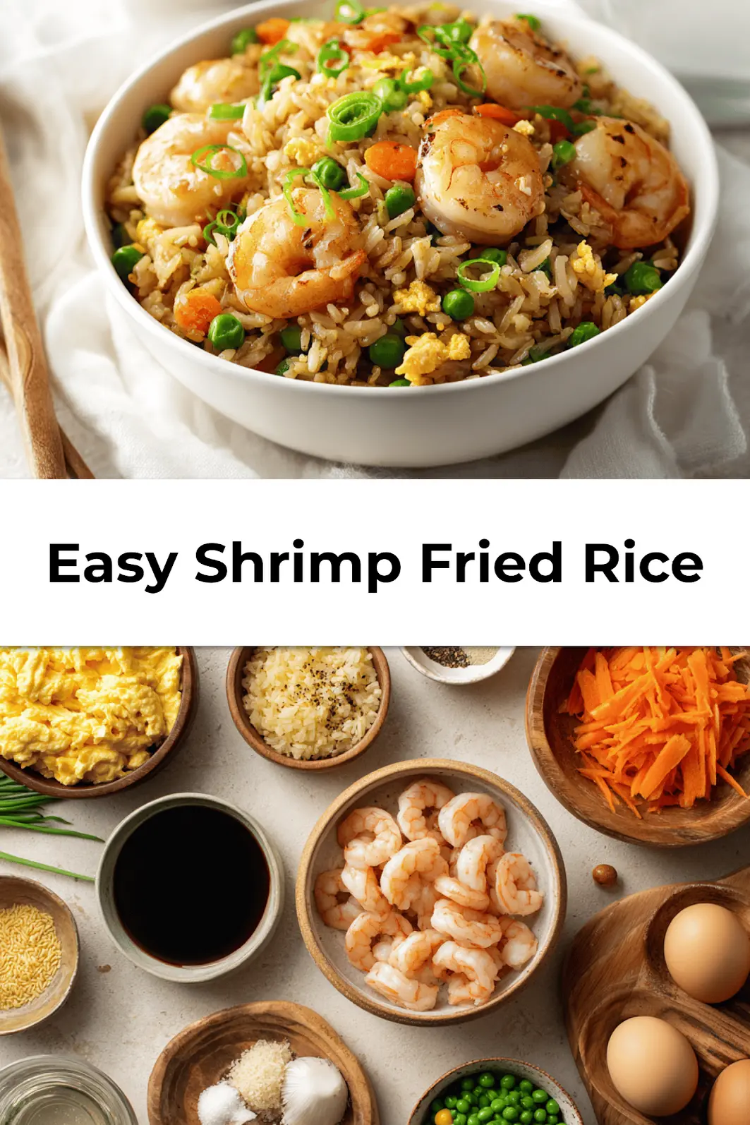 Finished easy shrimp fried rice served in a white bowl with chopsticks, napkin and lemon wedge on rustic tabletop