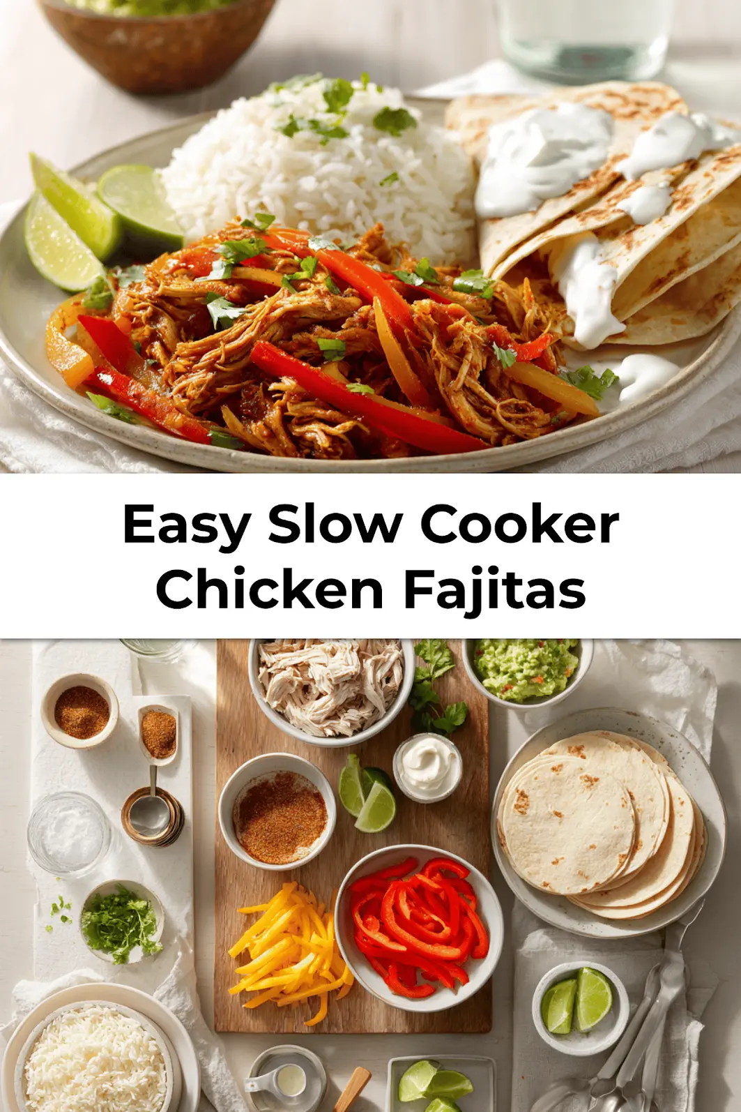 Plated Easy Slow Cooker Chicken Fajitas served with rice, guacamole, lime, and fresh herbs