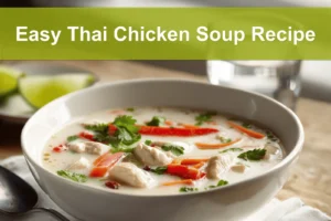 Easy Thai Chicken Soup Recipe creamy coconut broth with chicken pieces colourful peppers and lime