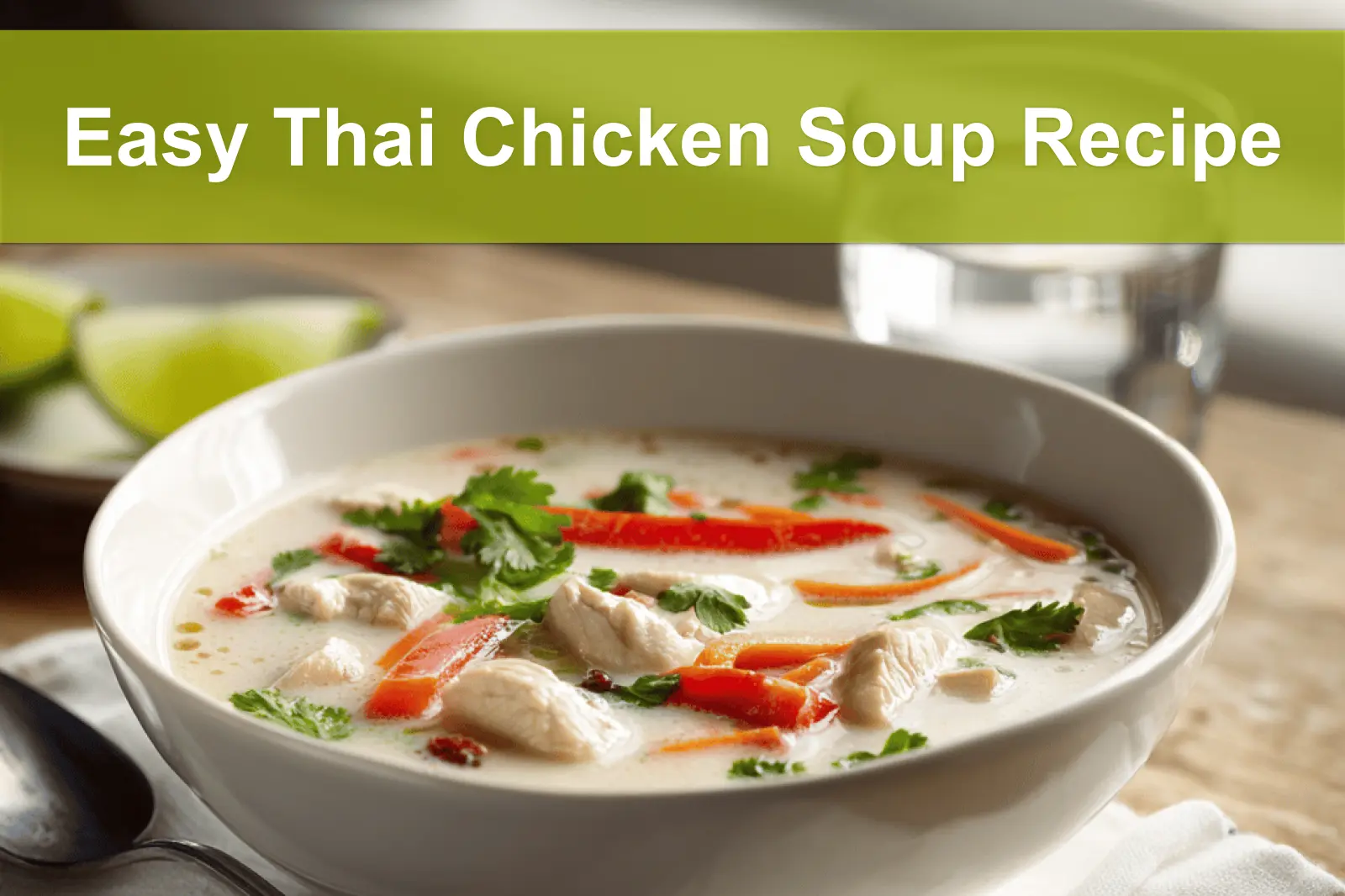 Easy Thai Chicken Soup Recipe creamy coconut broth with chicken pieces colourful peppers and lime