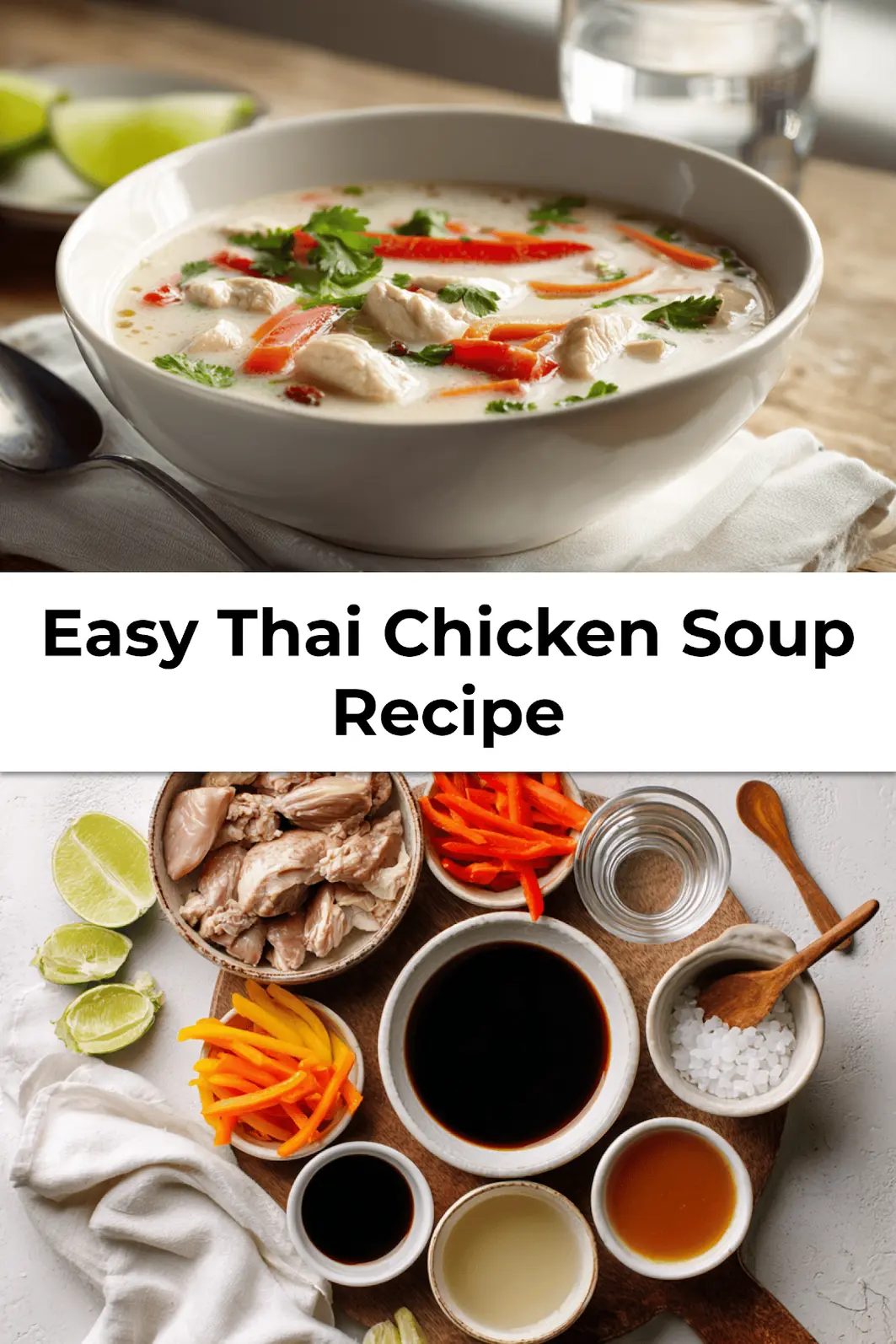 Pin image for Easy Thai Chicken Soup Recipe highlighting creamy broth with lime, peppers, and herbs