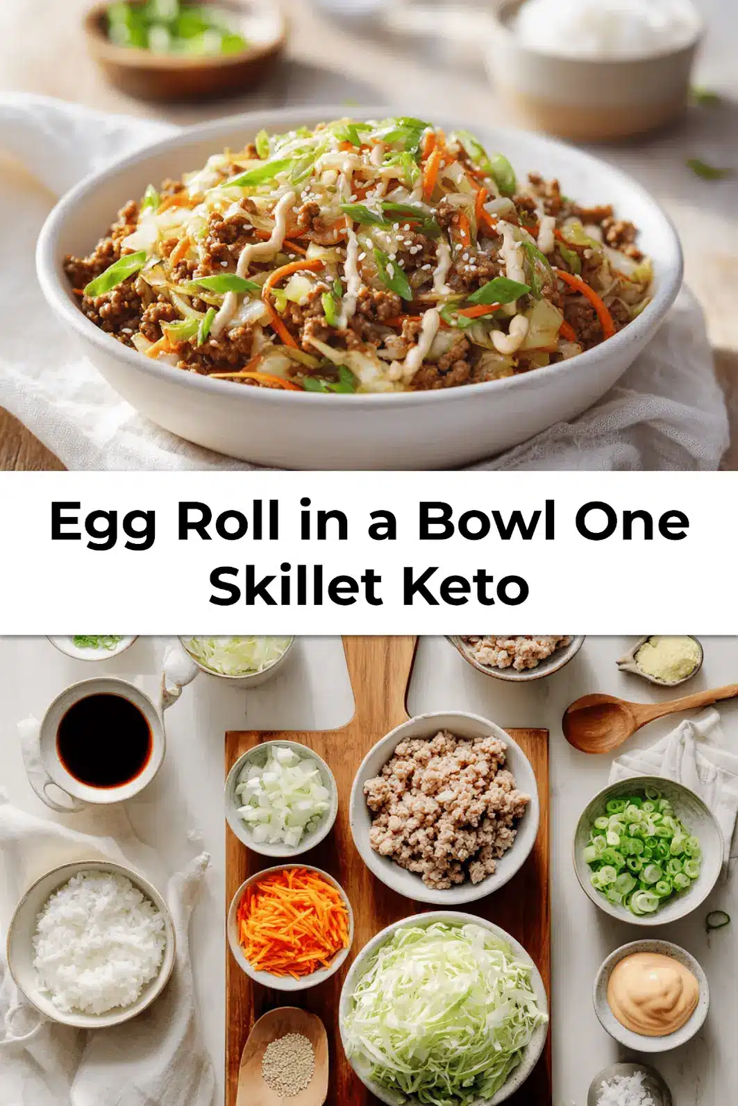 Plated Egg Roll in a Bowl One Skillet Keto with creamy sriracha drizzle and fresh garnish