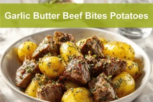 Garlic Butter Beef Bites Potatoes plated with roasted baby potatoes and garlic butter glaze