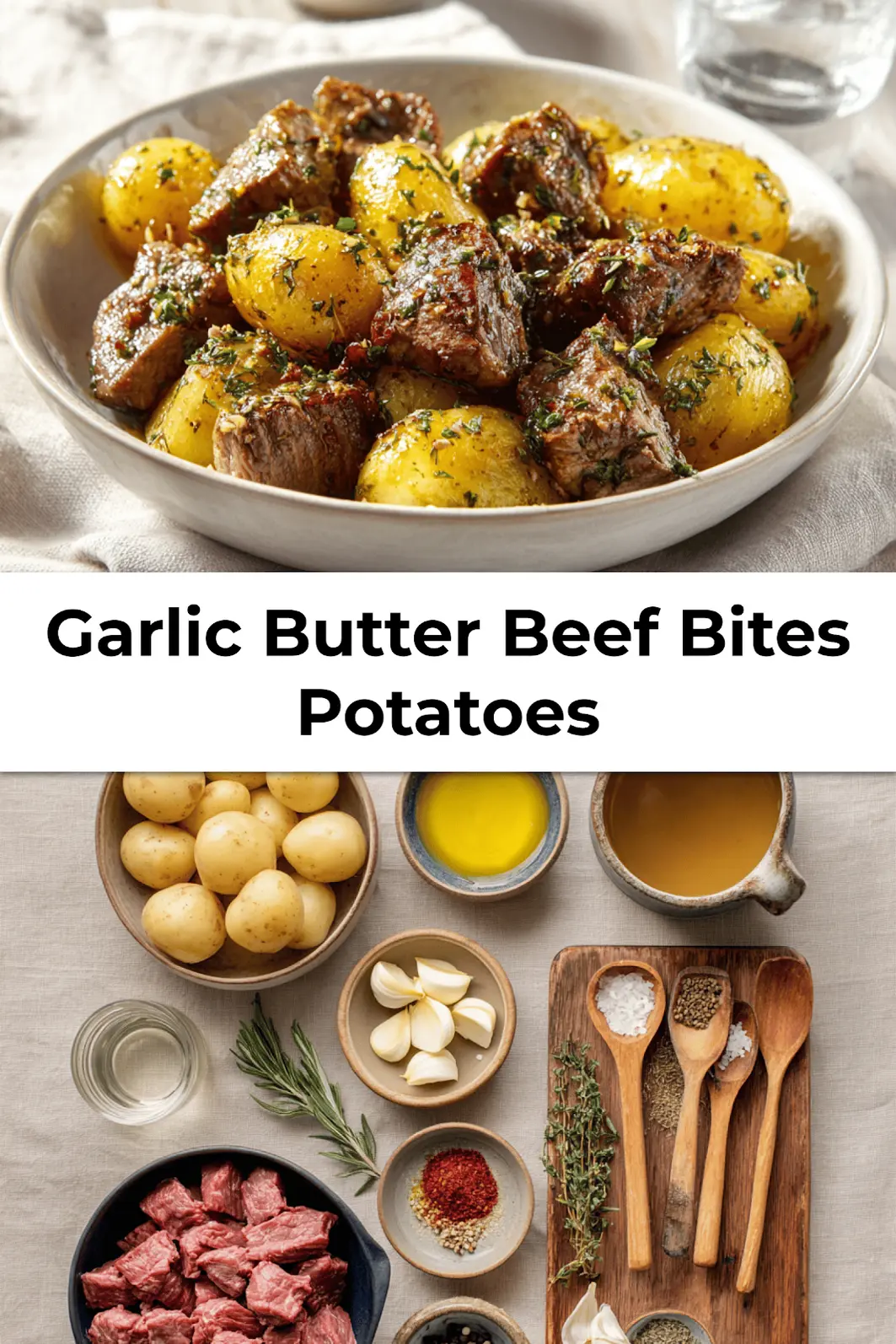 Garlic Butter Beef Bites Potatoes served in a cast iron skillet and garnished with fresh herbs in a Pinterest-style pin layout