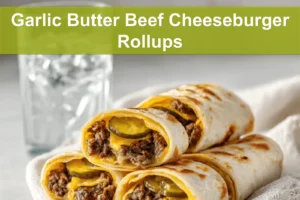 Garlic Butter Beef Cheeseburger Rollups on white napkin with melted cheese and pickles