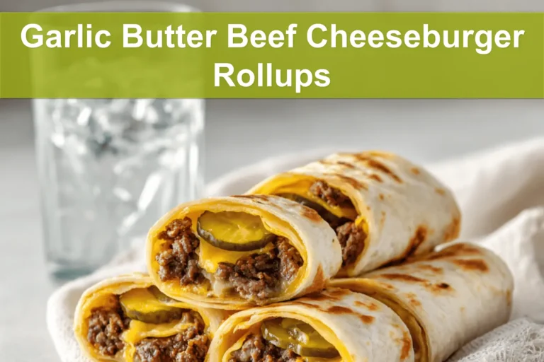 Garlic Butter Beef Cheeseburger Rollups on white napkin with melted cheese and pickles