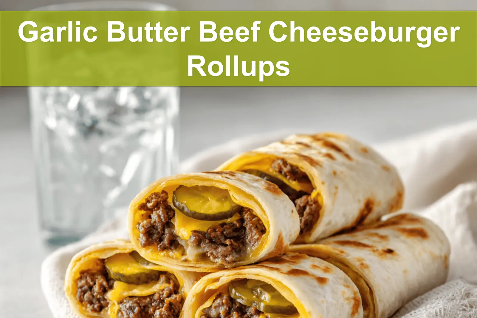 Garlic Butter Beef Cheeseburger Rollups on white napkin with melted cheese and pickles