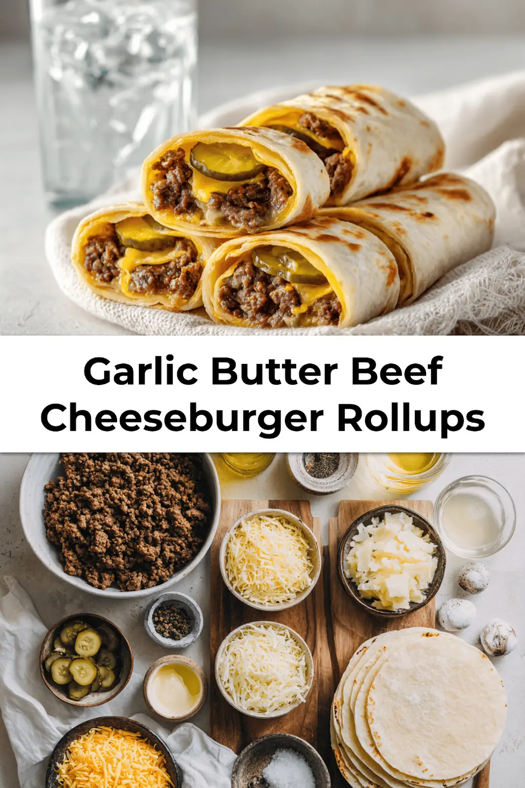 Plated Garlic Butter Beef Cheeseburger Rollups on napkin with golden crust and melted cheese