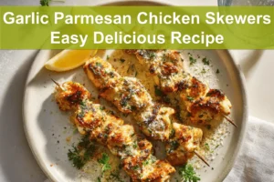 Garlic Parmesan Chicken Skewers Easy Delicious Recipe plated skewers with cheese herbs and lemon