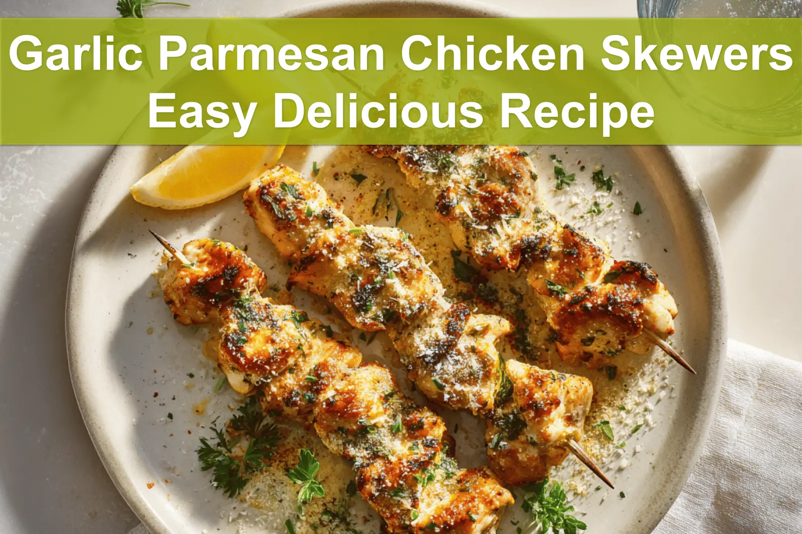 Garlic Parmesan Chicken Skewers Easy Delicious Recipe plated skewers with cheese herbs and lemon