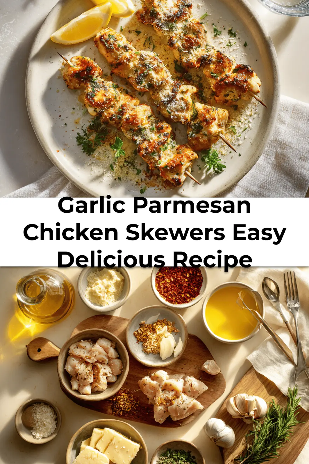 Skewers of Garlic Parmesan Chicken garnished with cheese, herbs, and lemon - Pinterest image