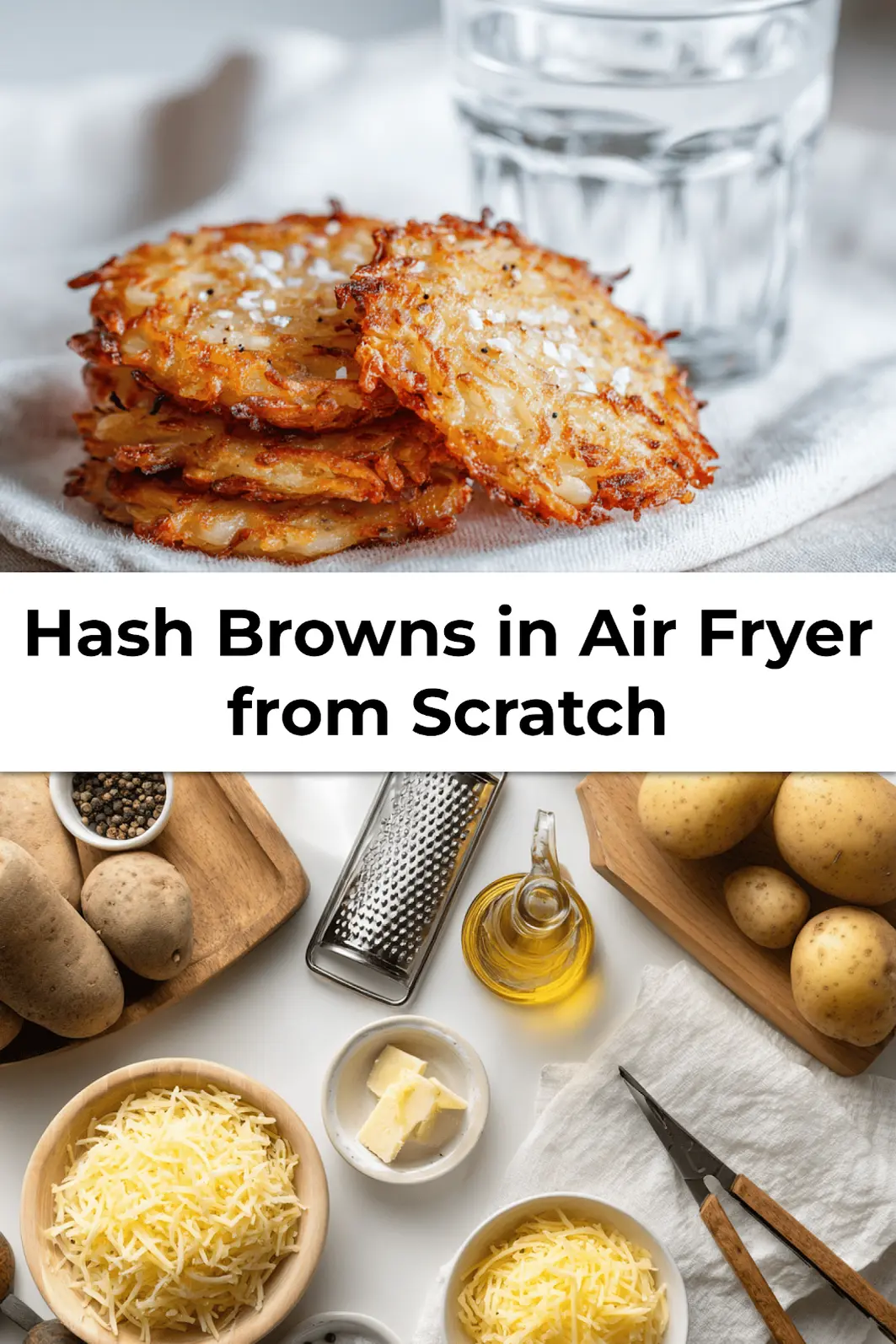 Golden and crispy air fryer hash browns made from scratch served on a plate with fresh herbs and coarse sea salt