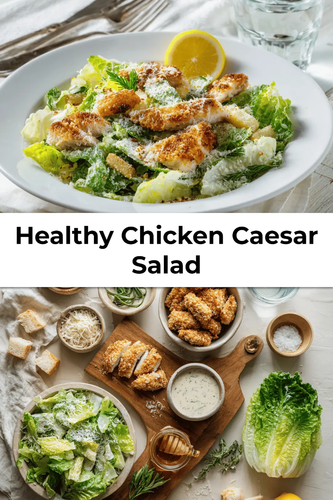 Plated Healthy Chicken Caesar Salad with crunchy panko chicken, romaine lettuce, Parmesan, and yogurt dressing