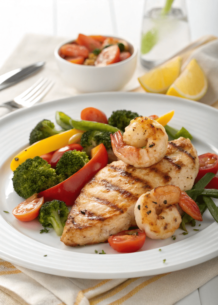 Plate of grilled chicken and shrimp with fresh vegetables on a dinner table.