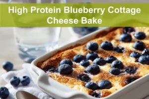 High Protein Blueberry Cottage Cheese Bake plated on white cloth with fresh blueberries and graham crumbs
