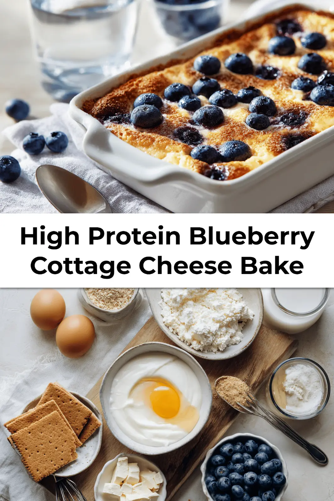 Baked High Protein Blueberry Cottage Cheese Bake topped with whole blueberries and graham cracker crumbs for texture and visual appeal