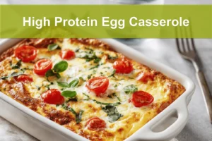High Protein Egg Casserole golden baked with cherry tomatoes and basil in warm natural light