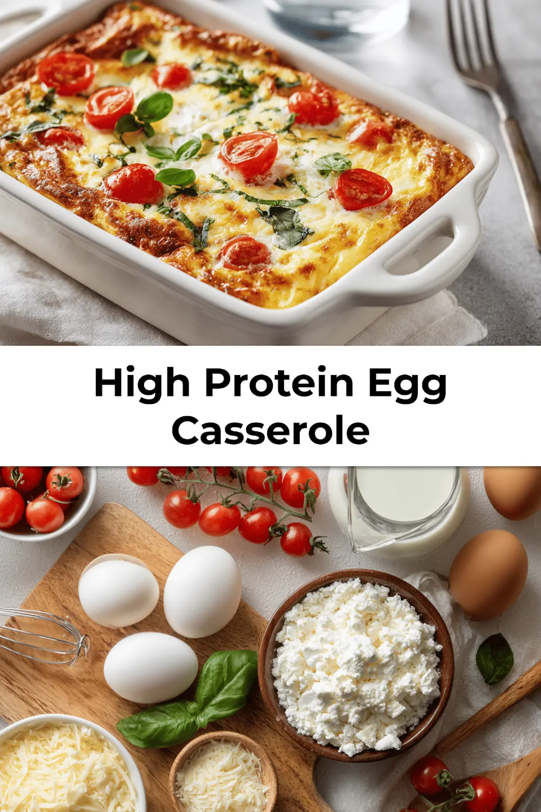 Finished high protein egg casserole sliced and garnished with basil and cherry tomatoes on a wooden board