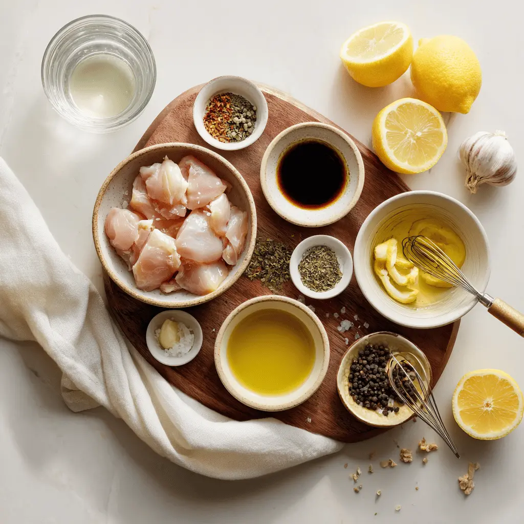 Air Fryer Chicken Breast ingredients including balsamic vinegar, chicken, and spices on counter