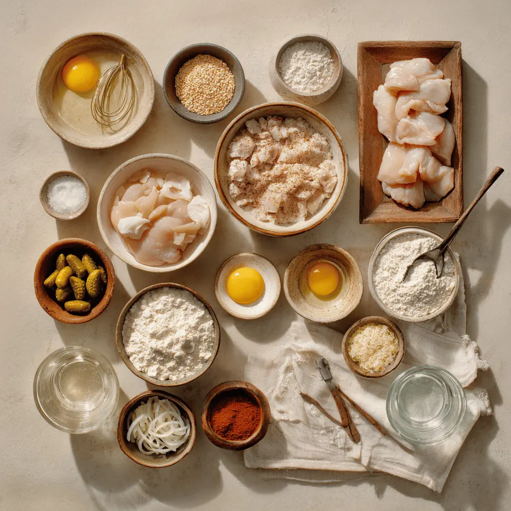 Ingredients for Air Fryer Chicken Nuggets arranged on a cutting board including chicken, breadcrumbs, spices, and pickle brine