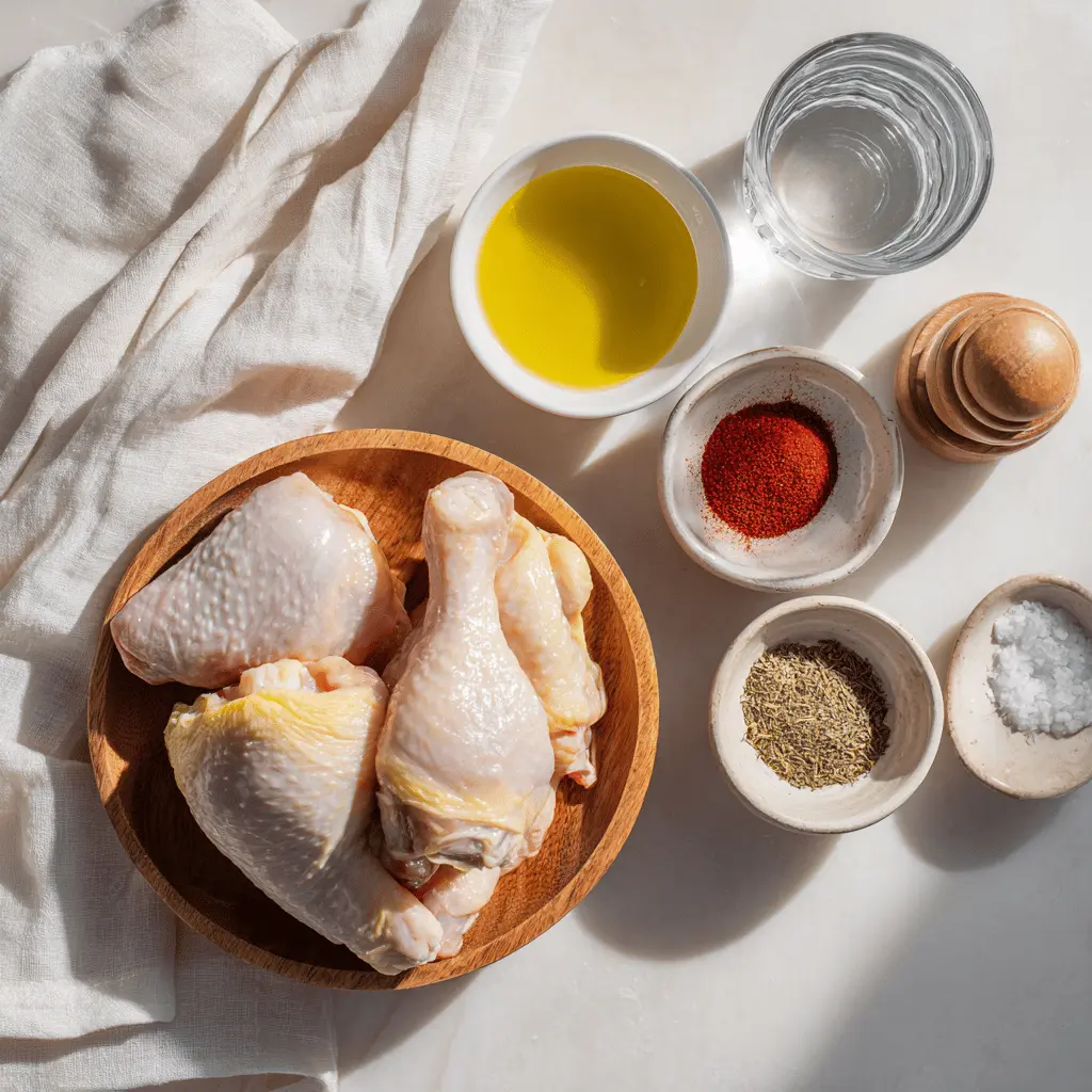 Ingredients for Air Fryer Chicken Thighs including spice bowls, raw seasoned chicken thighs, olive oil, garlic powder and paprika