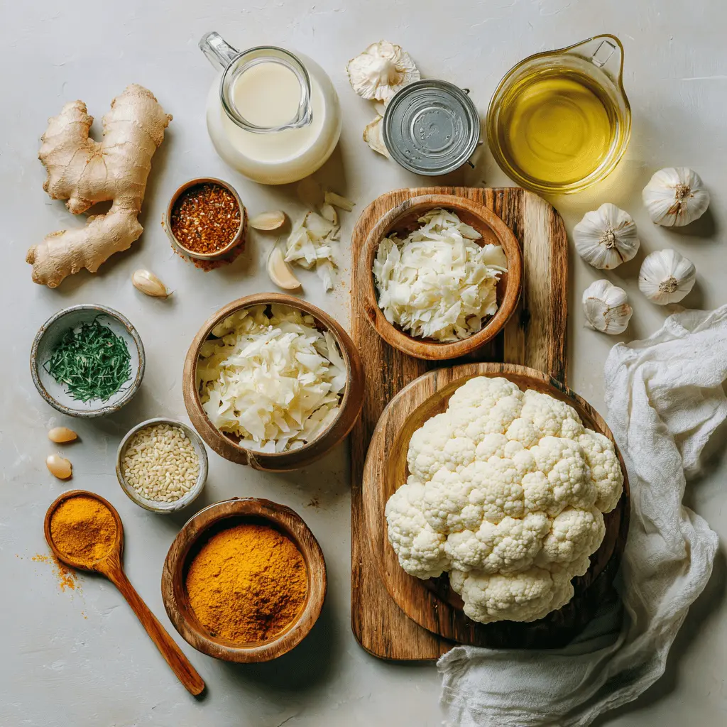 Ingredients for making Anti Inflammatory Cauliflower Chicken Soup displayed on a rustic wood board, including cauliflower florets, chicken, and turmeric roots.